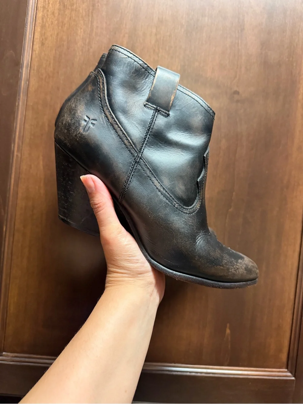Frye Black Distressed Leather Ankle Booties